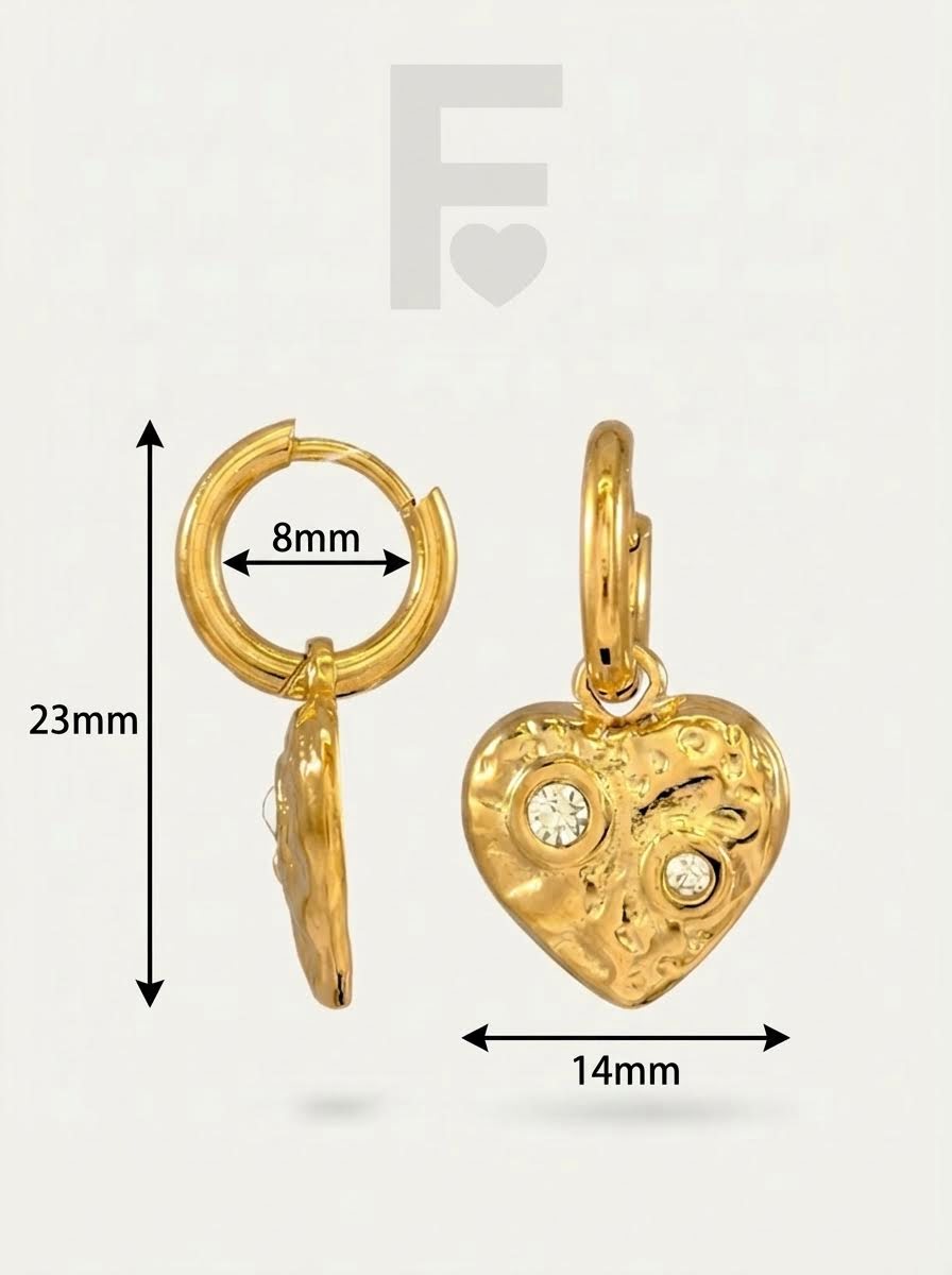 Pendientes de aro corazón curtido, medidas detalladas, acero quirúrgico 316L dorado, joyería hipoalergénica.