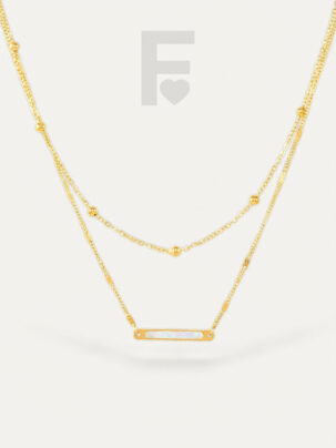 Collar doble nácar Campeche FLORYNATA, vista frontal, acero quirúrgico, diseño México, joya moderna.