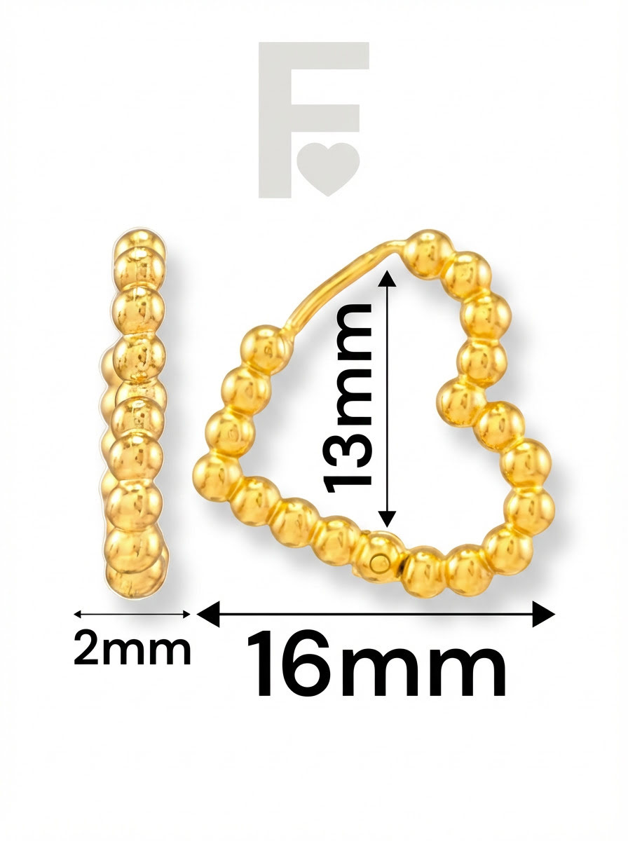 Pendientes de aro con corazón, medidas detalladas, acero quirúrgico, joyería romántica