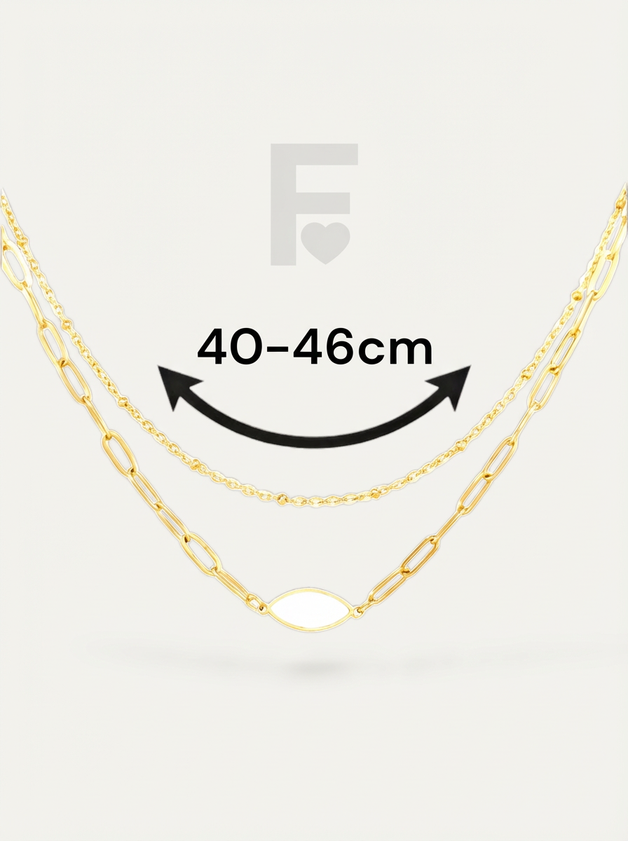 Collar ojo de mar nácar FLORYNATA, medidas detalladas, largo ajustable 40-46 cm, joya con especificaciones