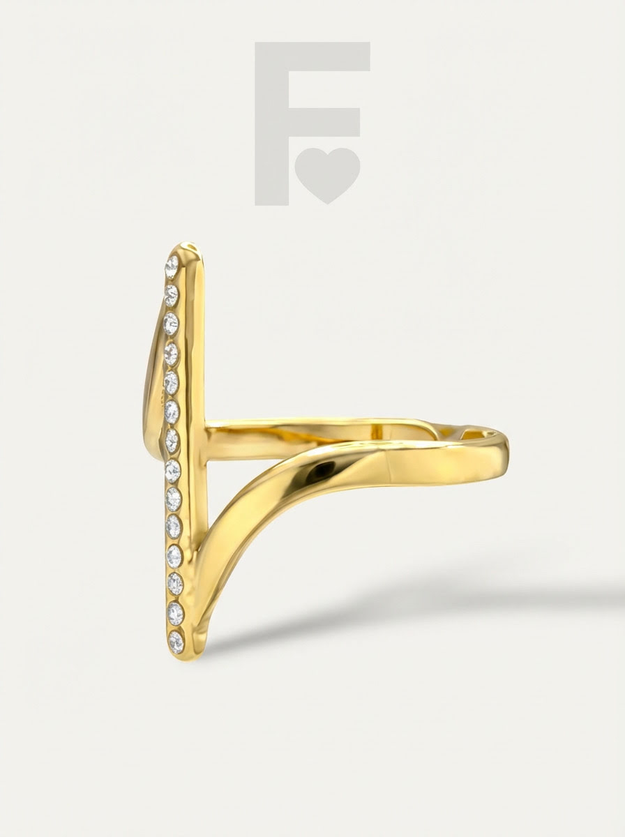 Anillo línea de vida circonitas FLORYNATA, vista lateral, diseño Lifeline, acero quirúrgico 316L, anillo Lifeline, detalle joya