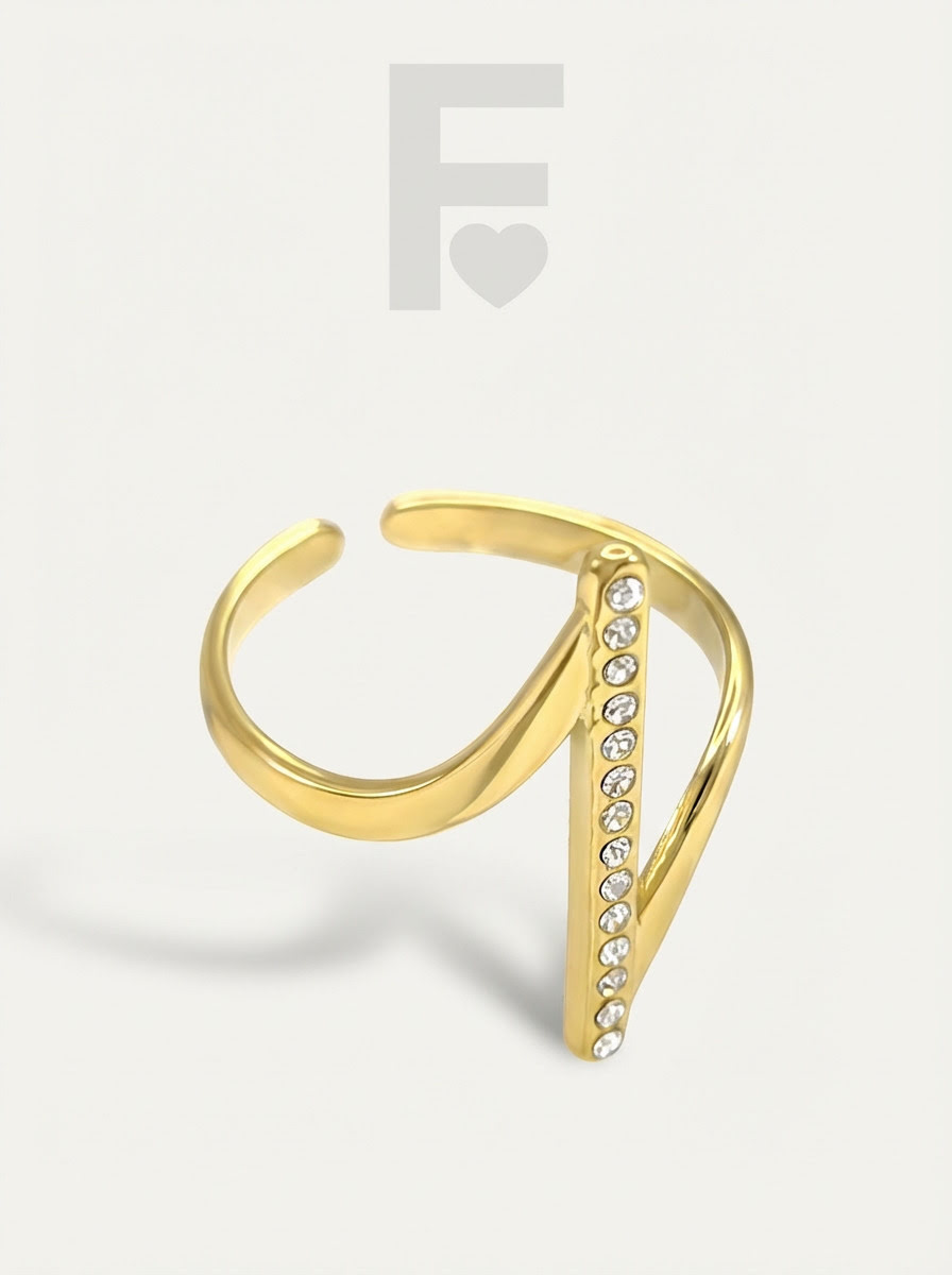 Anillo línea de vida circonitas FLORYNATA, vista superior, diseño Lifeline, acero quirúrgico 316L, anillo Lifeline, detalle joya