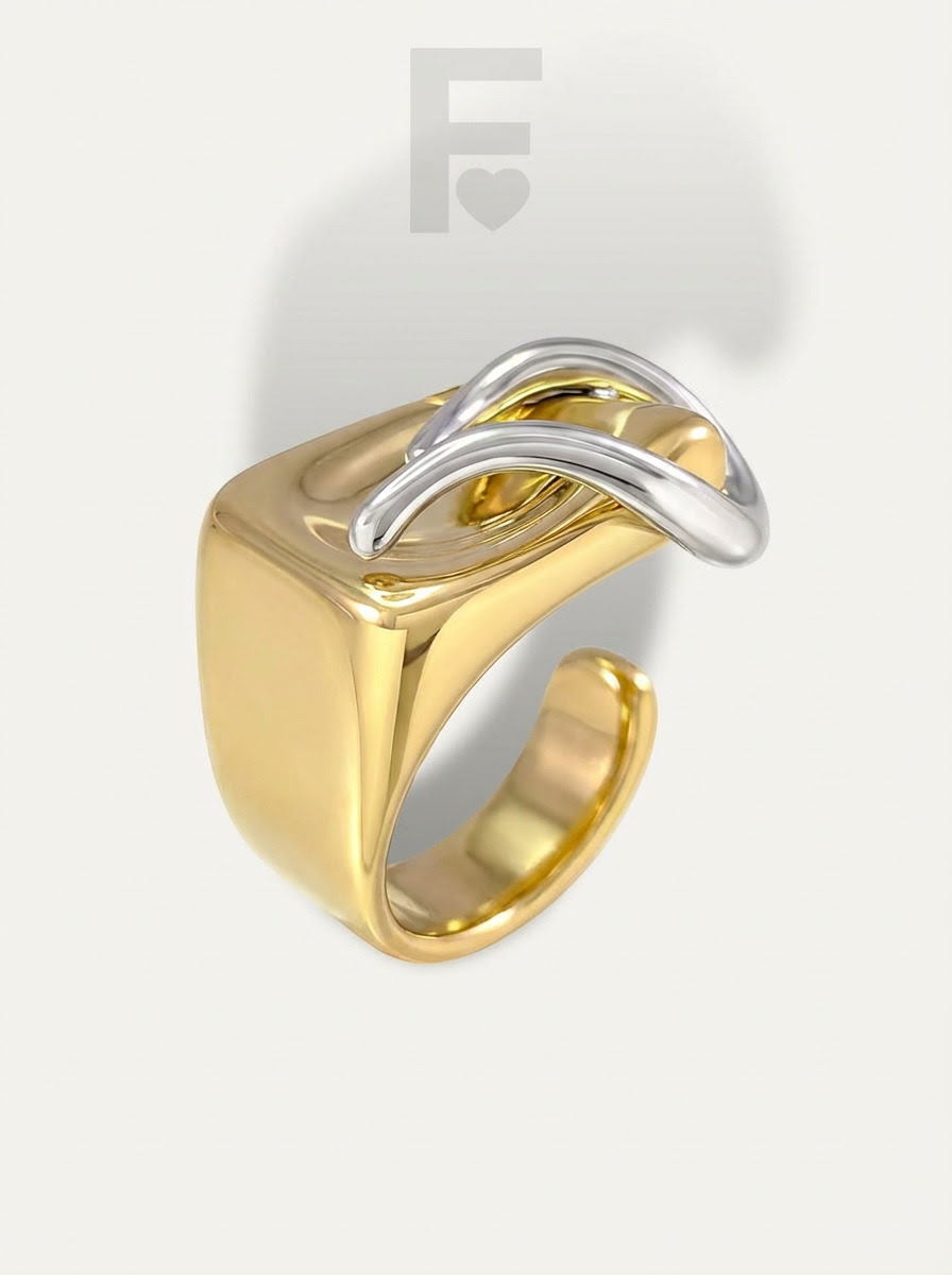 Anillo serpiente sello dorado FLORYNATA, vista lateral superior, diseño Vermis, acero quirúrgico 316L, anillo Vermis, detalle joya