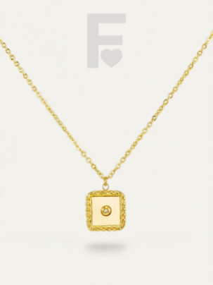 Collar circonita rococó FLORYNATA, vista general, diseño francés, acero quirúrgico 316L, colgante Lienzo Dorado