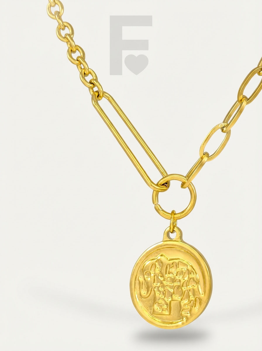 Detalle collar elefante tailandés FLORYNATA, 3 cadenas acero quirúrgico, colgante Chang, detalle joya