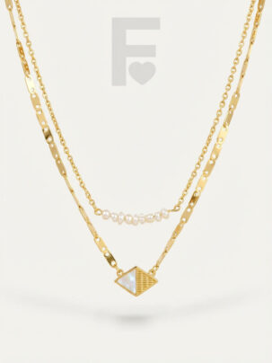 Collar doble perlas nácar FLORYNATA, vista frontal, perlas naturales irregulares, rombo nácar, acero quirúrgico