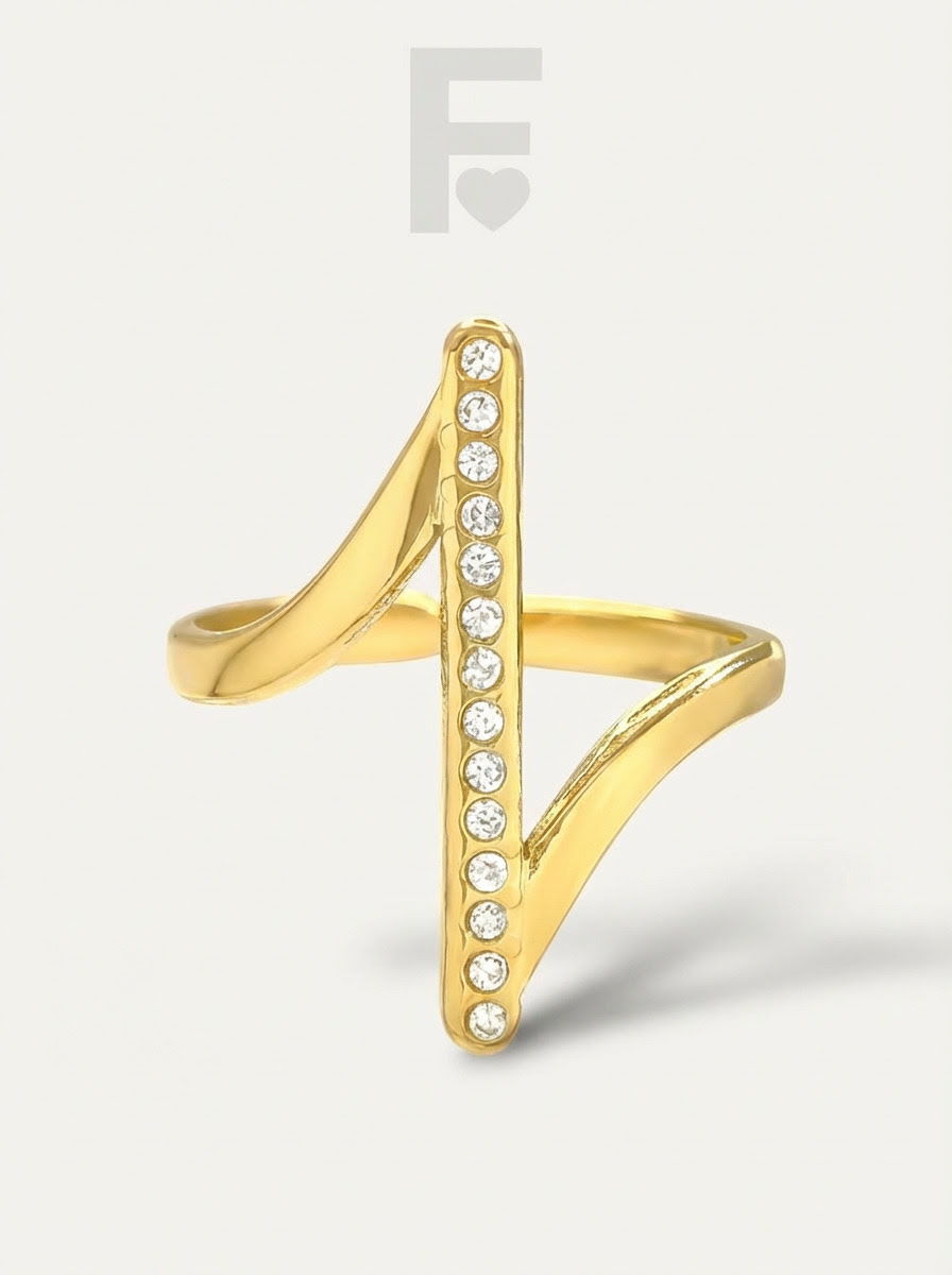 Anillo línea de vida circonitas FLORYNATA, vista frontal, diseño Lifeline, acero quirúrgico 316L